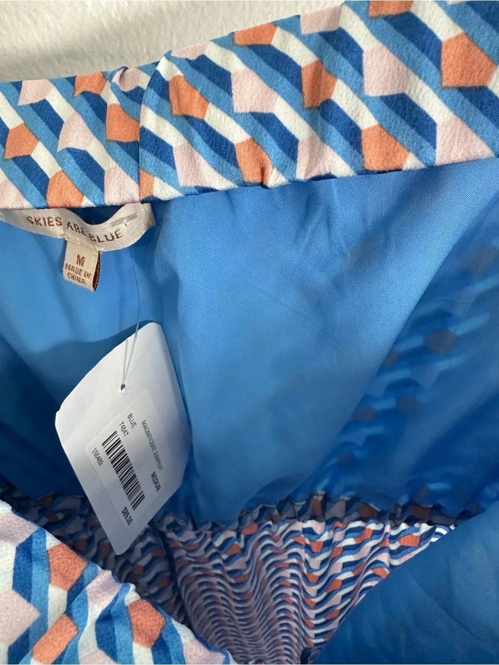 Skies Are Blue Blue Geometric Strapless Jumpsuit with Peach Accents Retro Vibe M